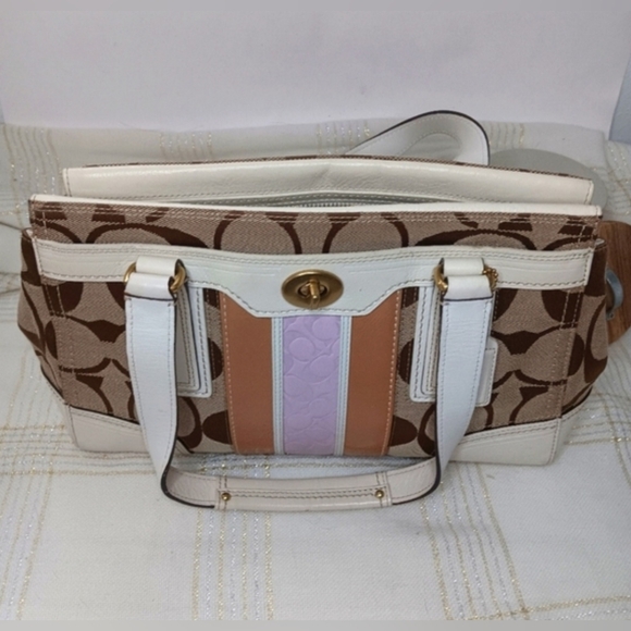 COACH  Signature Stripped TurnLock CarryAll Shoulder Bag - Picture 4 of 15